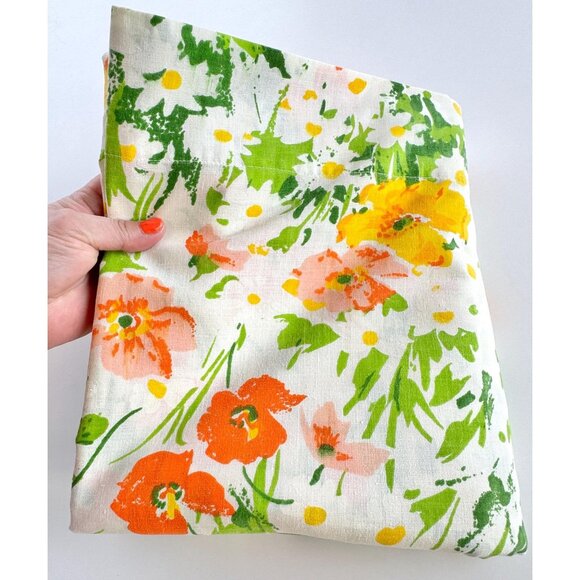 Vintage 70s flat/top sheet, yellow, orange, red flowers, greenery, full size bed - Picture 1 of 9